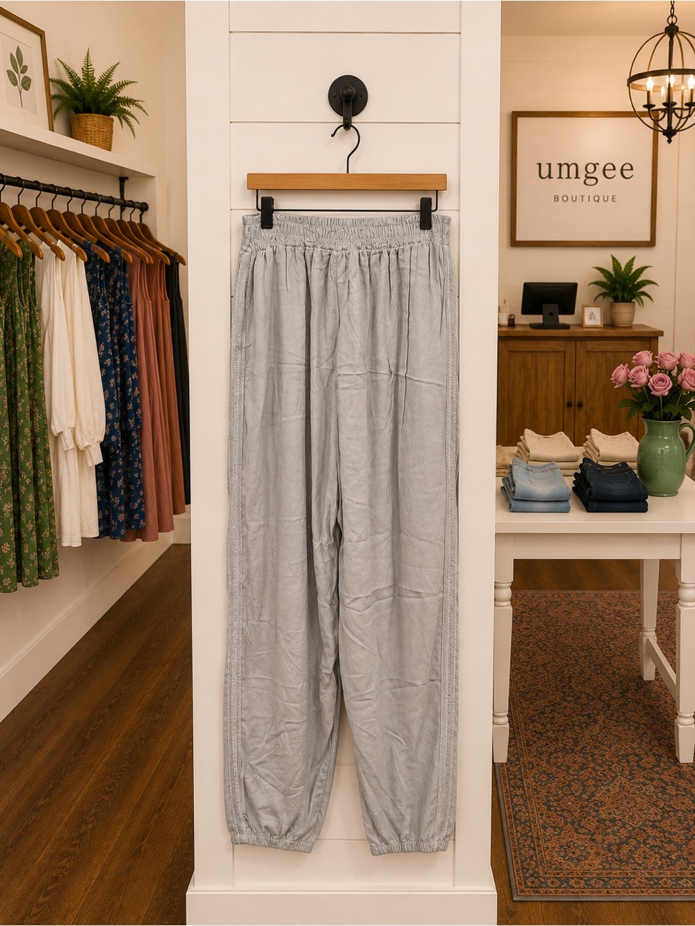 Belle France Gray Wide Leg Jogger Pants Small Stretch Waist Rayon Viscose